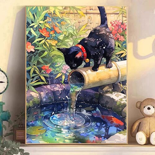 DIY方钻满钻钻石画钻石绣黑猫观看流水手工粘贴钻砖石绣带钻套件