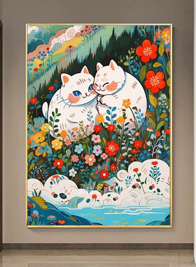 DIY方钻满钻钻石画贴钻点钻十字绣带钻河边草地上两只白色小猫咪