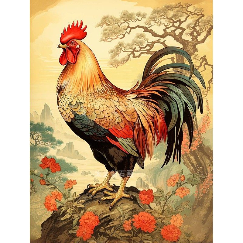 鸡年生肖DIY方钻满钻钻石画钻石绣山上红花大公鸡手工贴钻十字绣,居家布艺,钻石绣,淘宝优惠券,粉丝福利购,淘宝优惠卷