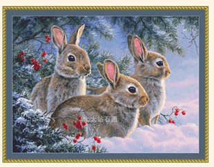 DIY方钻满钻钻石画砖石绣可爱动物雪中三只兔子贴钻点钻十字绣