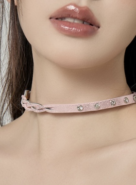 原创粉色铆钉项圈女小众设计感辣妹朋克风choker颈链配饰