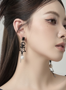 Starfire原创设计感925银针耳环黑色星星锆石流苏链条耳钉小众潮