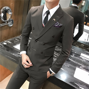 韩版休闲小西装 男士修身双排扣西服套装三件套 A445-SJT703-P275图片