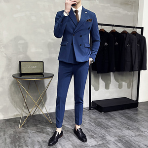 新款十色 双排扣小西装 西服套装三件套 全身图深蓝色-SJT10-P275,男装西服套装,电商A445