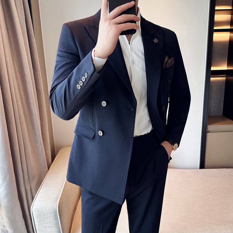 新款七色枪驳领高端西装双排扣西服三件套深灰A445-SJT9003-P260,男装西服,电商A445