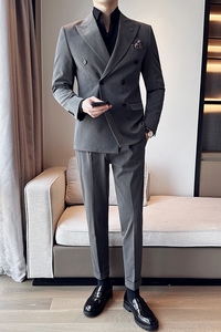 新款七色枪驳领高端西装 双排扣西服三件套中灰A445-SJT9003-P260图片