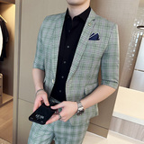 英伦休闲七分袖小西装男修身格子中袖西服两件套A445-TZ8515-P200，男装西服套装，电商A445