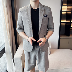 男士宽松中袖西装 七分袖格子西服短裤两件套灰色A445-DT051-P200图片