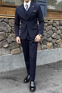 新款七色枪驳领高端西装 两粒扣西服三件套藏青A445-SJT9002-P260图片