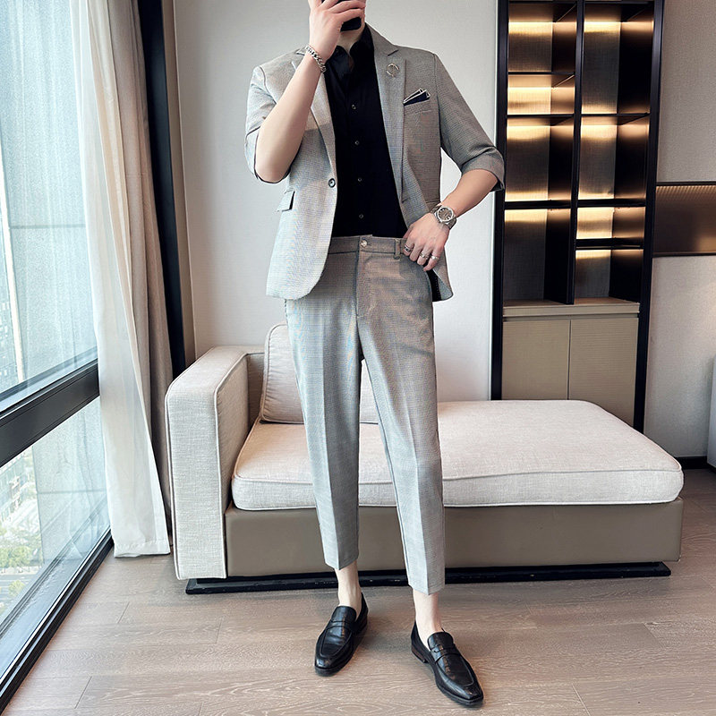 夏季男士宽松中袖西装外套七分袖格子西服两件套A445-TZ051-P200,男装西服套装,电商A445