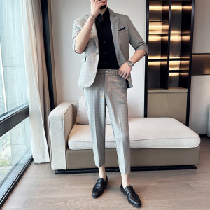 夏季男士宽松中袖西装外套 七分袖格子西服两件套A445-TZ051-P200图片