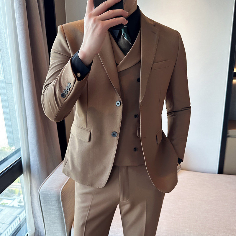 秋冬韩版修身小西装两粒扣西服套装三件套咖啡A445-SJT3611B-P250,男装西服,电商A445