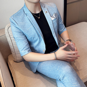 男士韩版修身七分袖小西装中袖西服九分裤两件套A445-TZ8516-P200图片