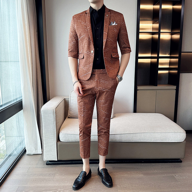 夏季男士七分袖小西装修身中袖西服九分裤两件套A445-TZ8516-P200图片
