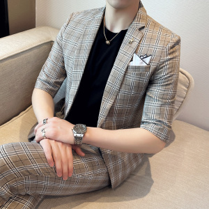英伦休闲七分袖小西装男修身格子中袖西服两件套A445-TZ8515-P200