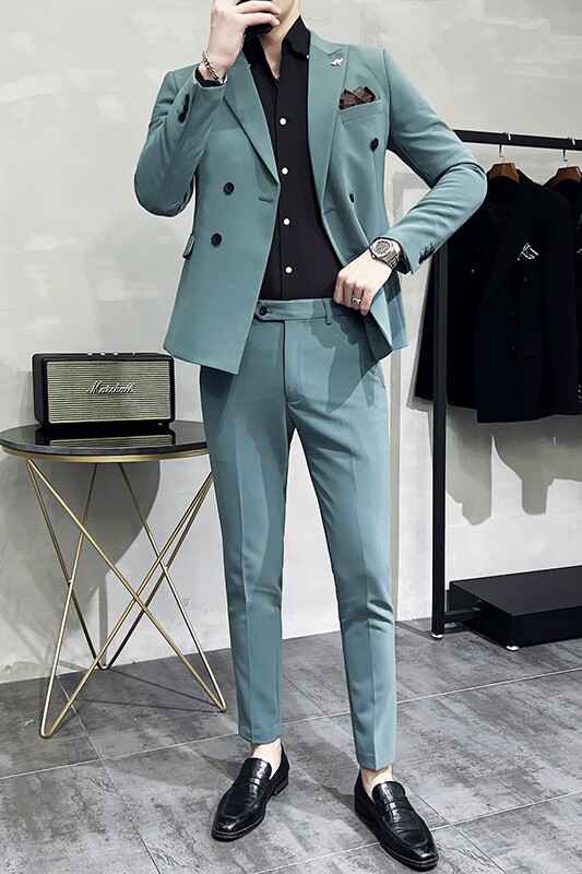 新款十色韩版休闲小西装西服套装两件套全身图淡青-LJT10-P210,男装西服套装,电商A445