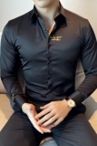 新款韩版修身长袖衬衫时尚免烫绣花衬衣黑色A445-CS8001-P35，男装衬衫，电商A445