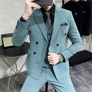 新款十个颜色 韩版修身小西装 西服套装三件套 淡青色 SJT10-P275图片