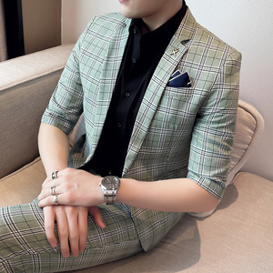 男士休闲七分袖小西装修身格子中袖西服两件套A445-TZ8515-P200图片