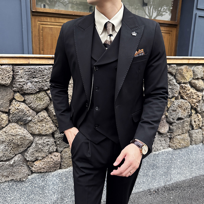 新款七色枪驳领高端西装一扣西服三件套黑色A445-SJT9001-P260，男装西服，电商A445