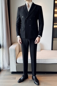 秋冬韩版修身小西装双排扣西服套装三件套黑色A445-SJT3611C-P250图片
