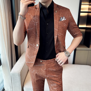男士英伦修身七分袖小西装中袖西服九分裤两件套A445-TZ8516-P200图片