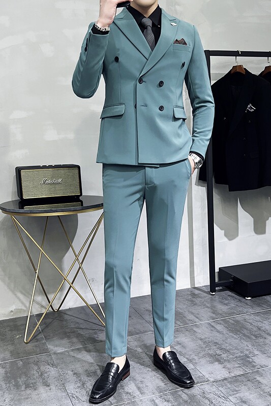 新款十个颜色双排扣小西装西服套装三件套淡青色SJT10-P275,男装西服套装,电商A445