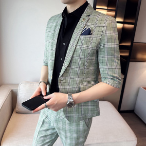 夏季男休闲七分袖小西装修身格子中袖西服两件套A445-TZ8515-P200图片