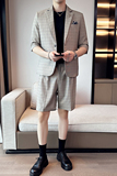 男士宽松中袖西装七分袖格子西服短裤两件套卡其A445-DT051-P200，男装牛仔裤，电商A445