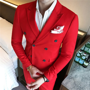 韩版修身双排扣纯色小西装西服套装结婚礼服三件套大红色TZ10
