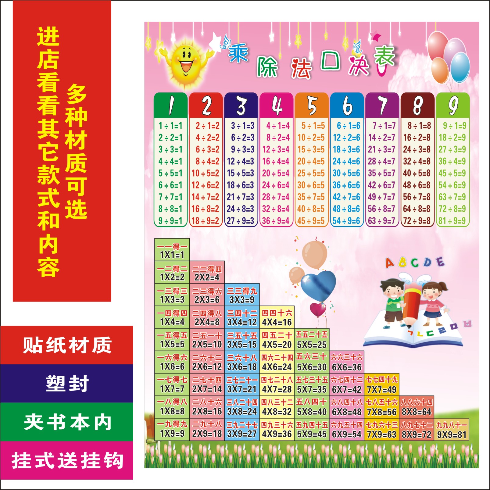 儿童九九乘法口诀表挂图小学生一二年级数学天天练99乘除法表墙贴