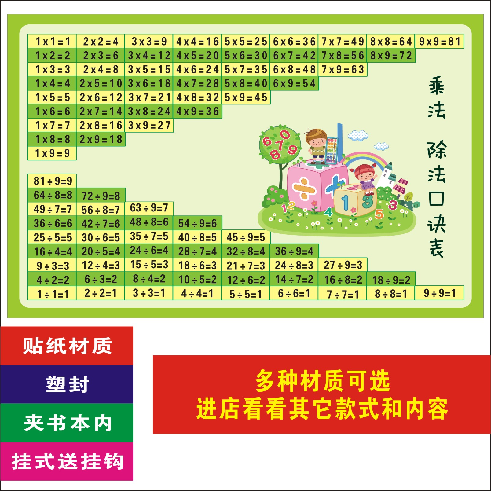 儿童九九乘法口诀表挂图小学生一二年级数学天天练99乘除法表墙贴