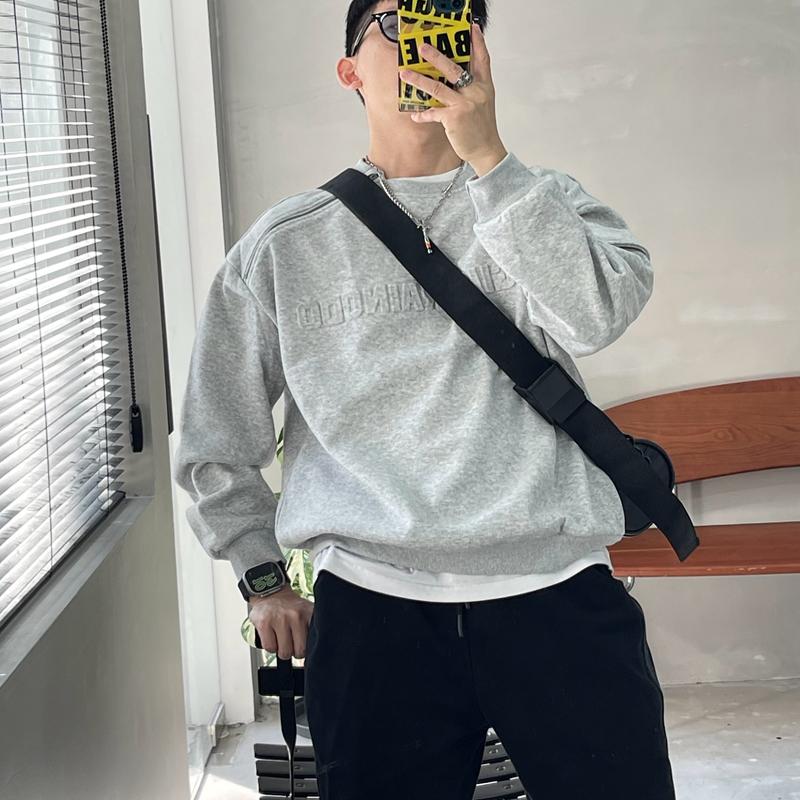 秋冬季美式潮牌宽松廓形落肩套头凸起字母拉链圆领卫衣男INS外套