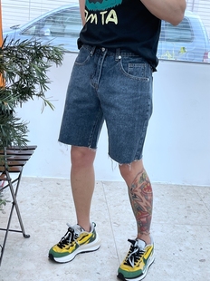 韩版 短裤 复古牛仔裤 中腰显瘦小直筒毛边五分裤 子 春夏季 卷毛男装