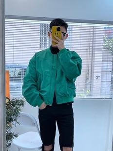 韩版 新品 短款 男纯色外套修身 机车翻领夹克潮 卷毛男装 工装 2024春装