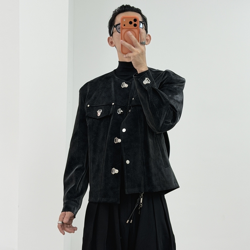 2025春季新款美式无领皮衣夹克男高级感痞帅短款外套潮牌机车服