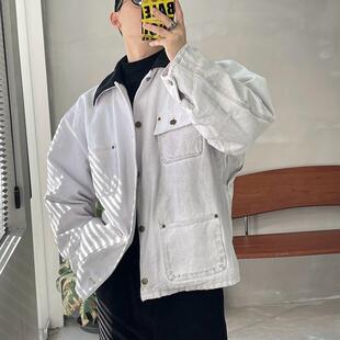 男士秀款外套夹克24秋冬白色密歇根纯棉水洗做旧脏脏帆布棉服夹克