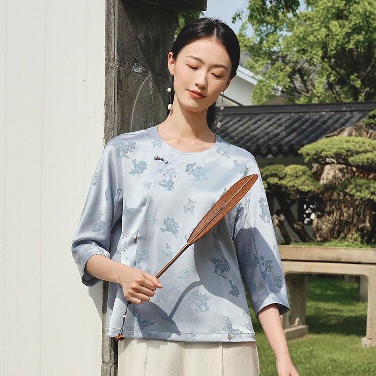 【闪购价】生姜正念水蓝提花茶服上衣禅意国风 盘扣上衣11320124A