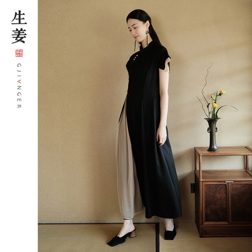 生姜中式立领复古连衣裙