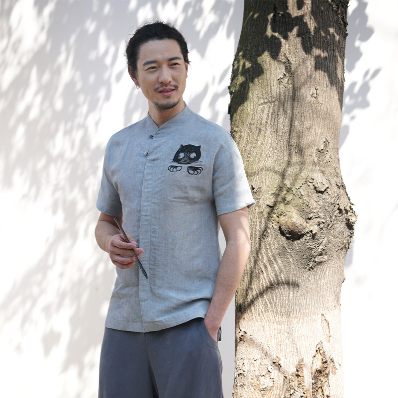 生姜中式休闲亚麻短袖上衣