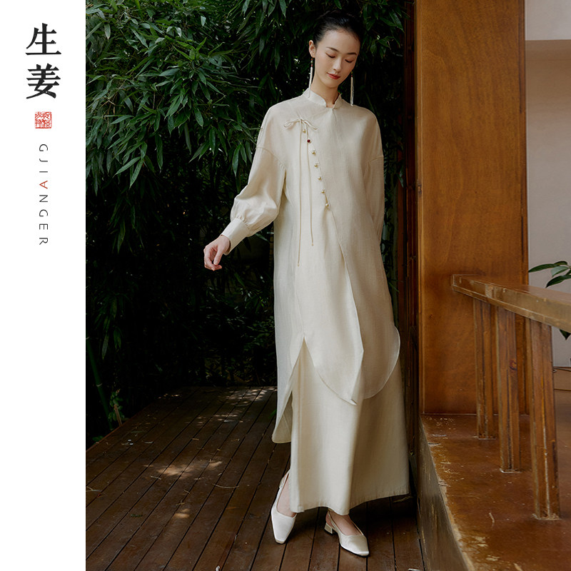 生姜廓形连衣裙 雅韵 国风改良新中式立领气质复古长裙11331526A