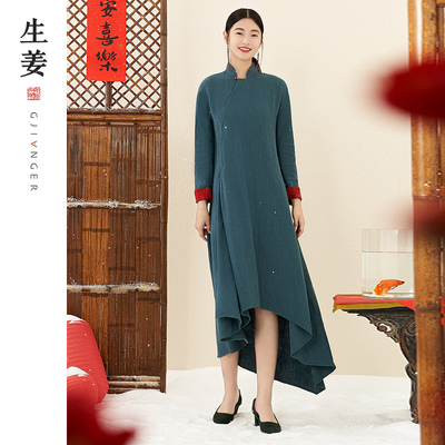 【闪购价】生姜原创春季改良中式复古斜襟不规则连衣裙11111505A