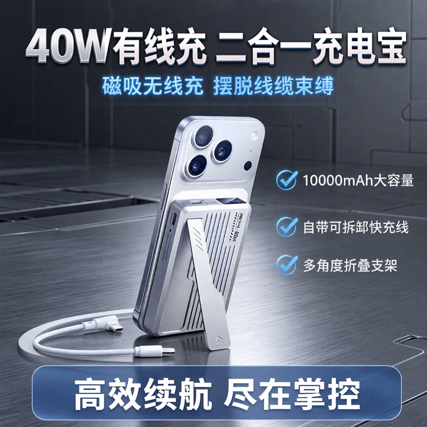 REMAX机甲磁吸无线充电宝10000毫安自带40W快充线移动电源行充适用苹果18安卓手机背夹电行充轻薄折叠支架