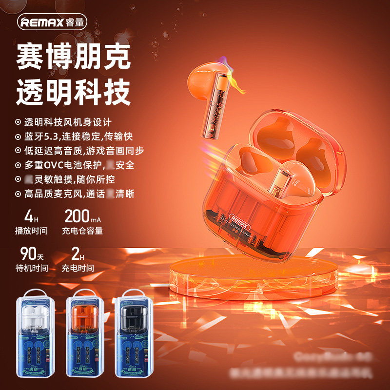 remax透明通话降噪真无线蓝牙耳机游戏低延迟防水tws音乐手机平板