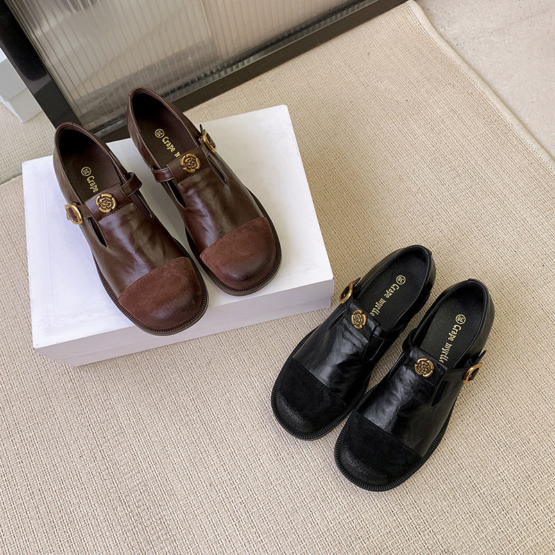 惠东县平山光明城鞋厂牛皮版 春季新款复古T字扣玛丽珍鞋女棕色