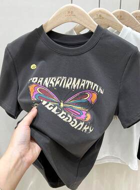 欧洲站纯棉蝴蝶正肩短袖t恤女欧货夏季2025新款短款上衣女半袖潮