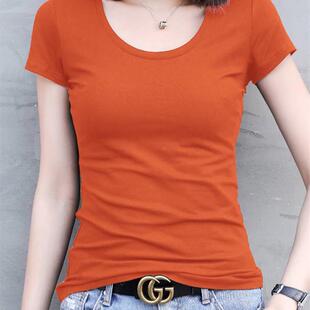 橘红色短袖T恤女修身圆领打底衫女内搭2023新款黑色半袖上衣女装