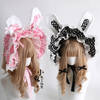 蝴蝶结小兔扁帽发饰黑白波点bnt