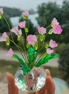 琉璃风铃花小盆栽材料包羽毛款手工串珠摆件含水晶花盆