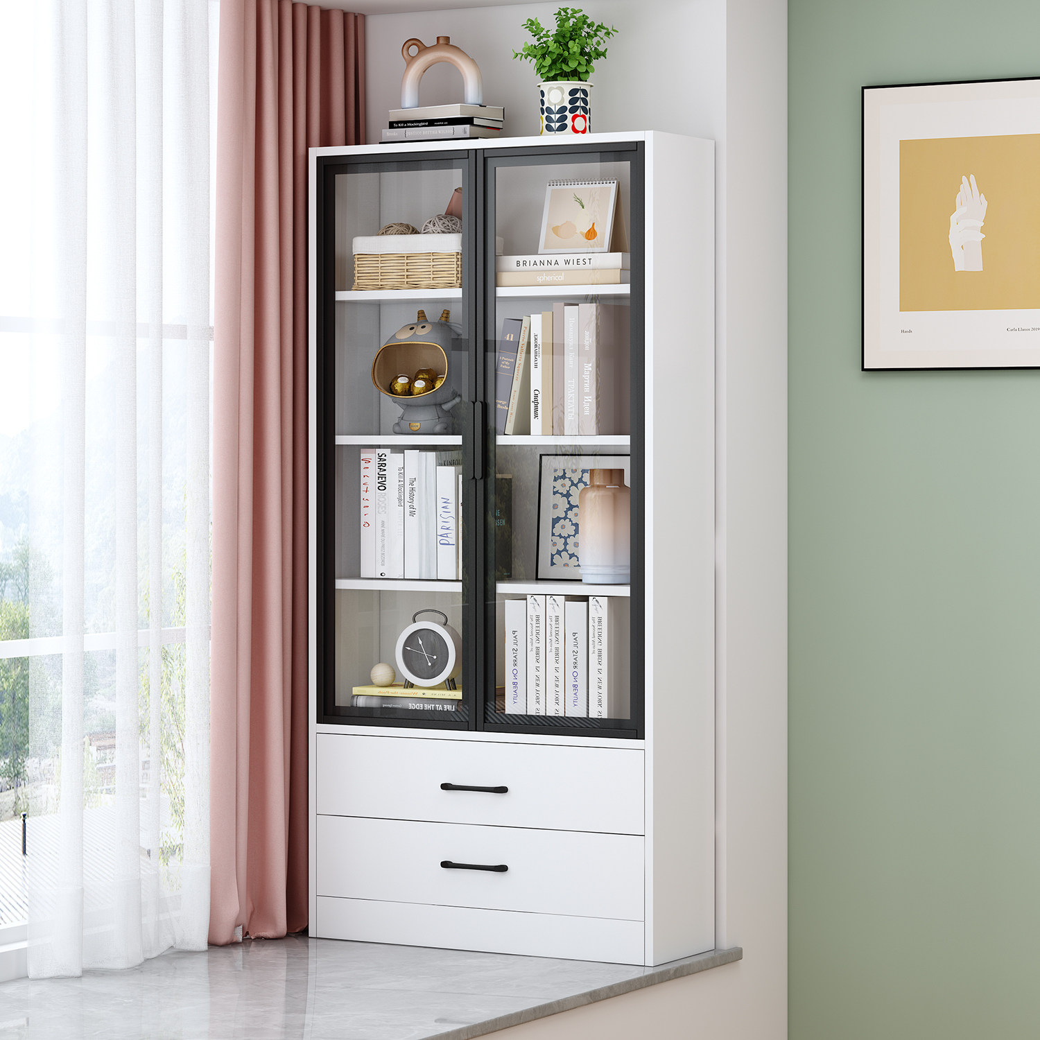 实木飘窗书架落地置物架儿童家用书柜阳台柜子抽屉玻璃门收纳储物,住宅家具,书架,淘宝优惠券,粉丝福利购,淘宝优惠卷